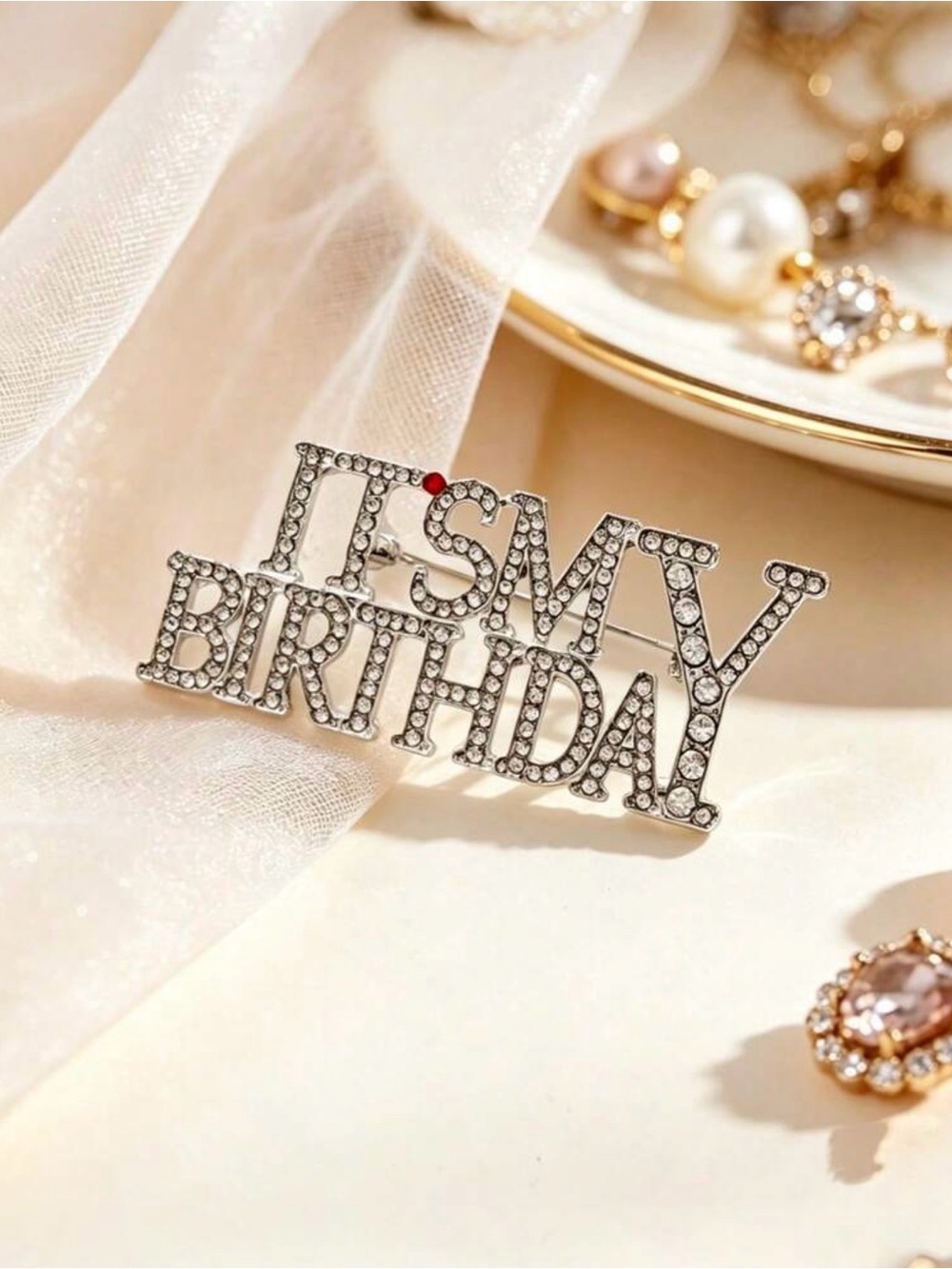 A Classy Chic Boutique Silver Crystal "It's My Birthday" Brooch with Red Accent